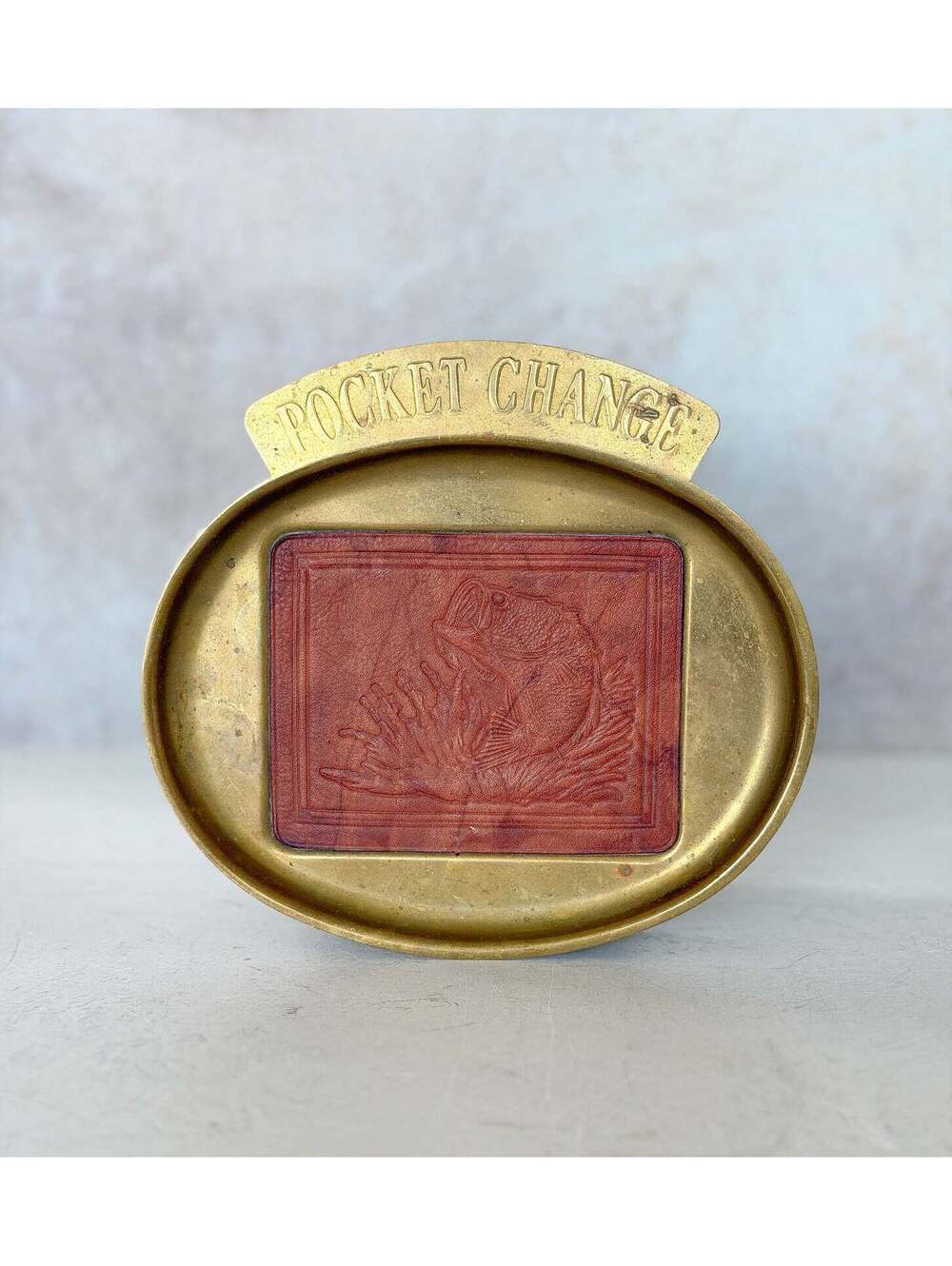 Vintage Brass Pocket Change Valet Tray | Tooled Leather Bass, Desk Catchall